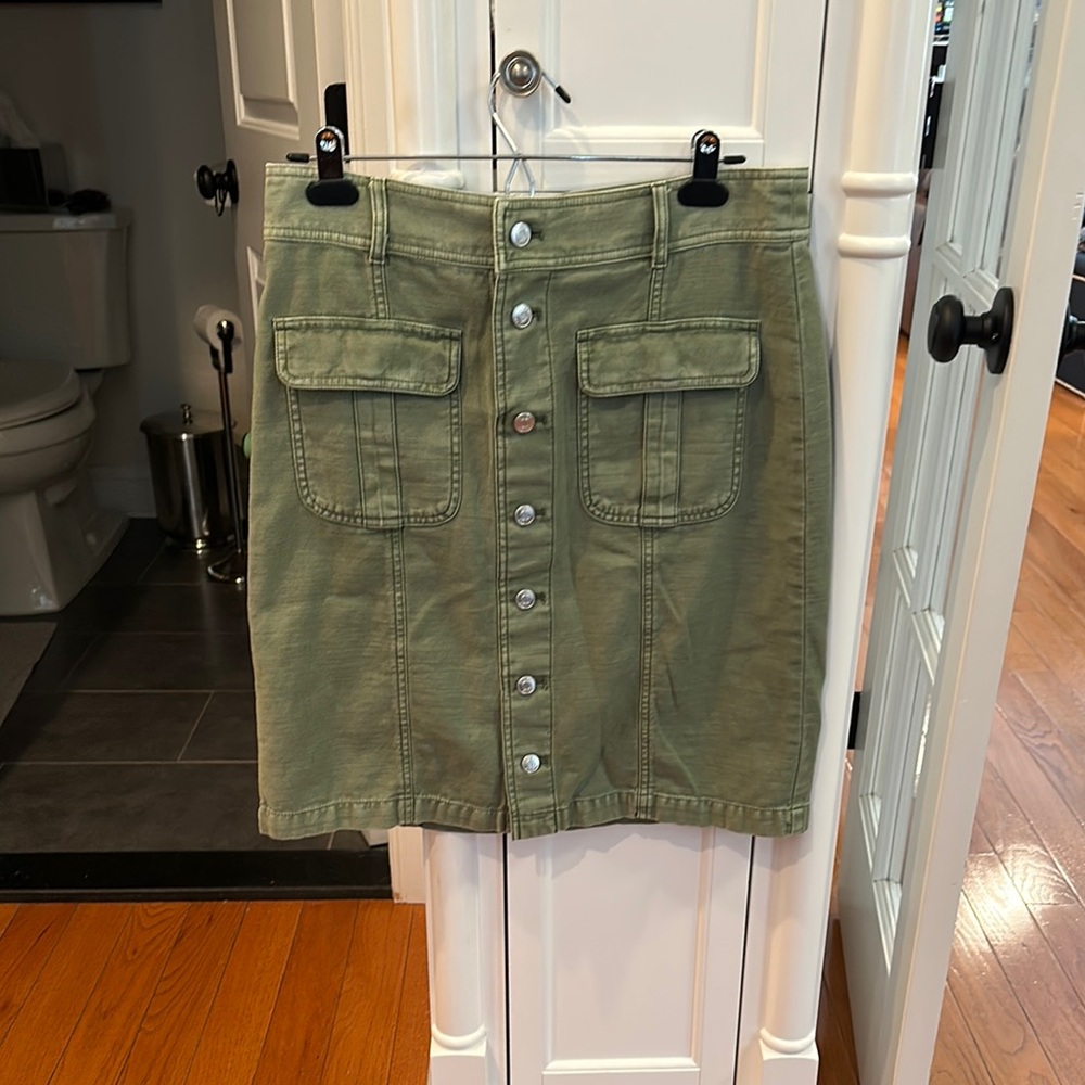 J Crew Olive Button-Front Denim Skirt